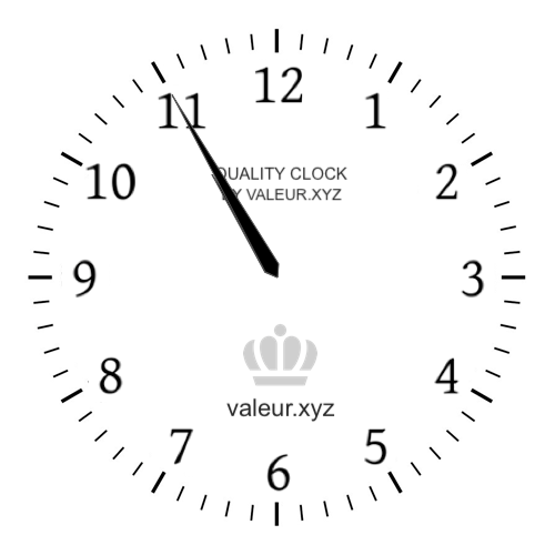 10:55 AM on an analog clock (Ten-fifty-five AM) Analog clock showing the time 10:55 AM