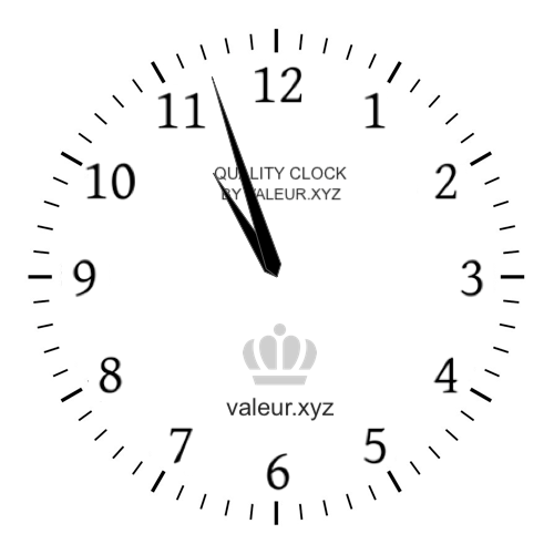 10:57 PM on an analog clock (Ten-fifty-seven PM) Analog clock showing the time 10:57 PM